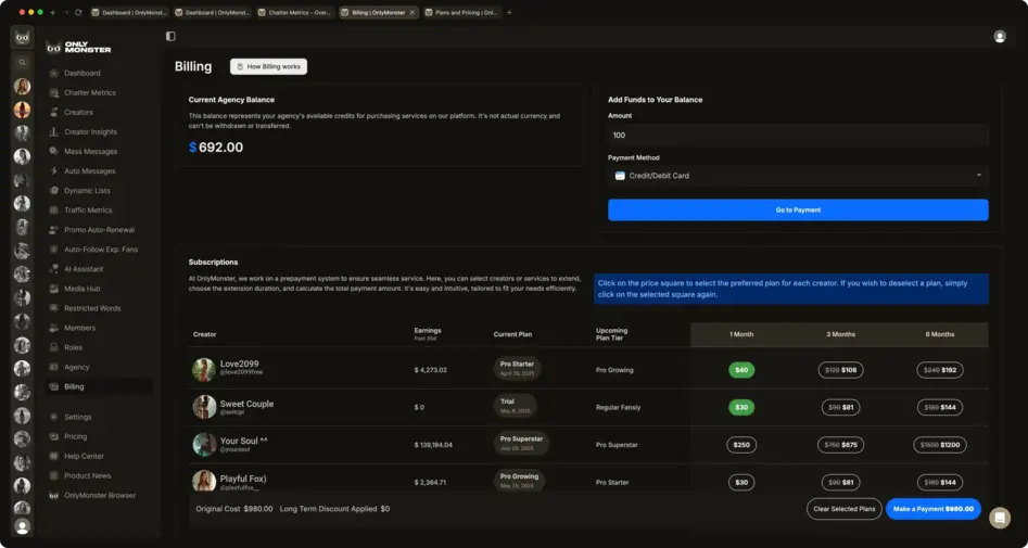 OnlyMonster billing dashboard showing balance, payment form, and account subscription plans.
