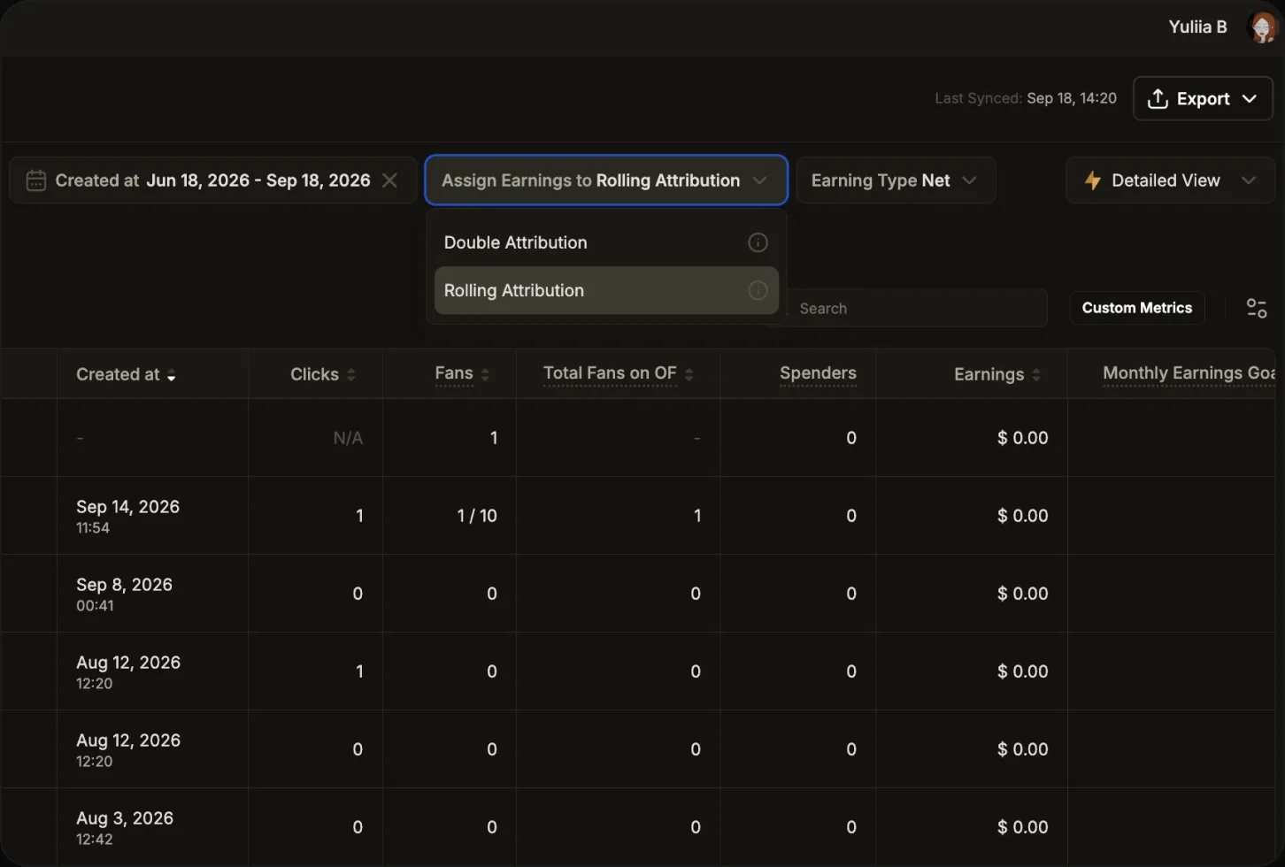 OnlyMonster earnings attribution menu with Double and Rolling Attribution