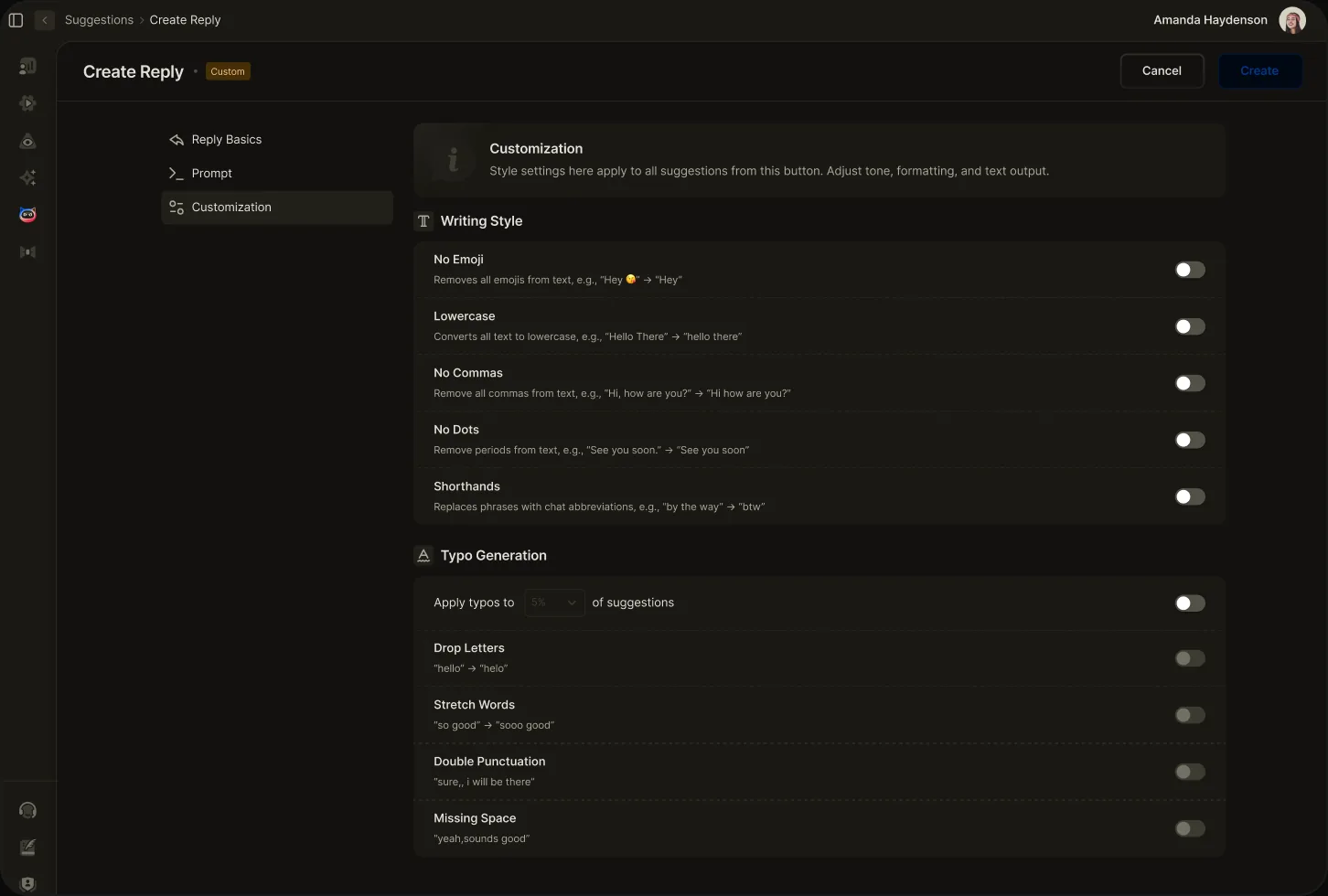 OnlyMonster AI chat settings for a creator's tone and style