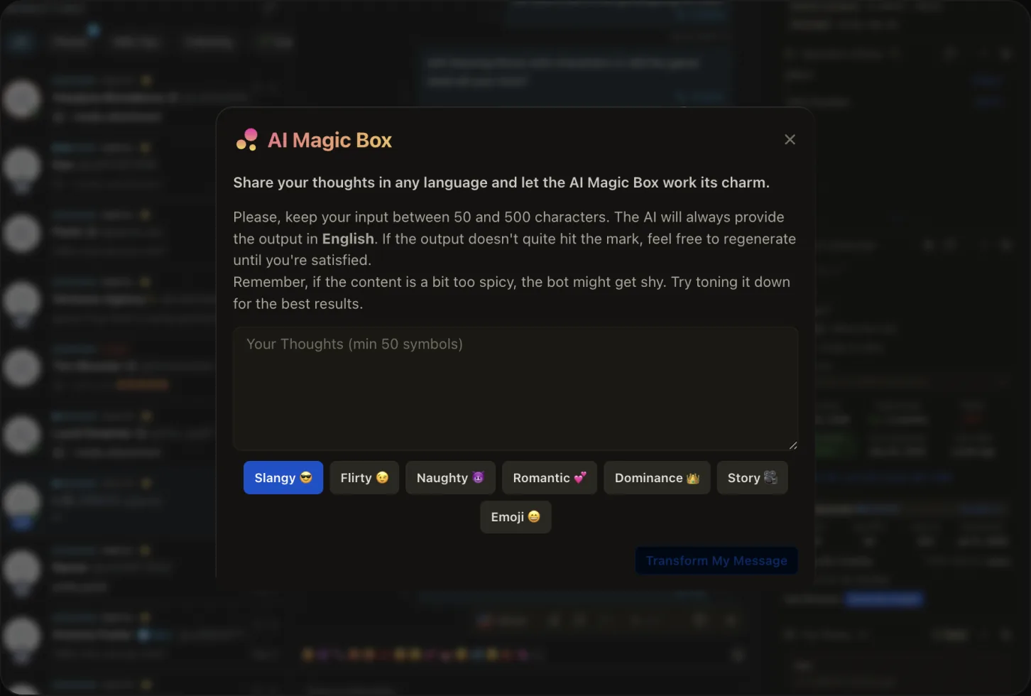 OnlyMonster AI Magic Box turning a short thought into suggested wording in a chosen tone