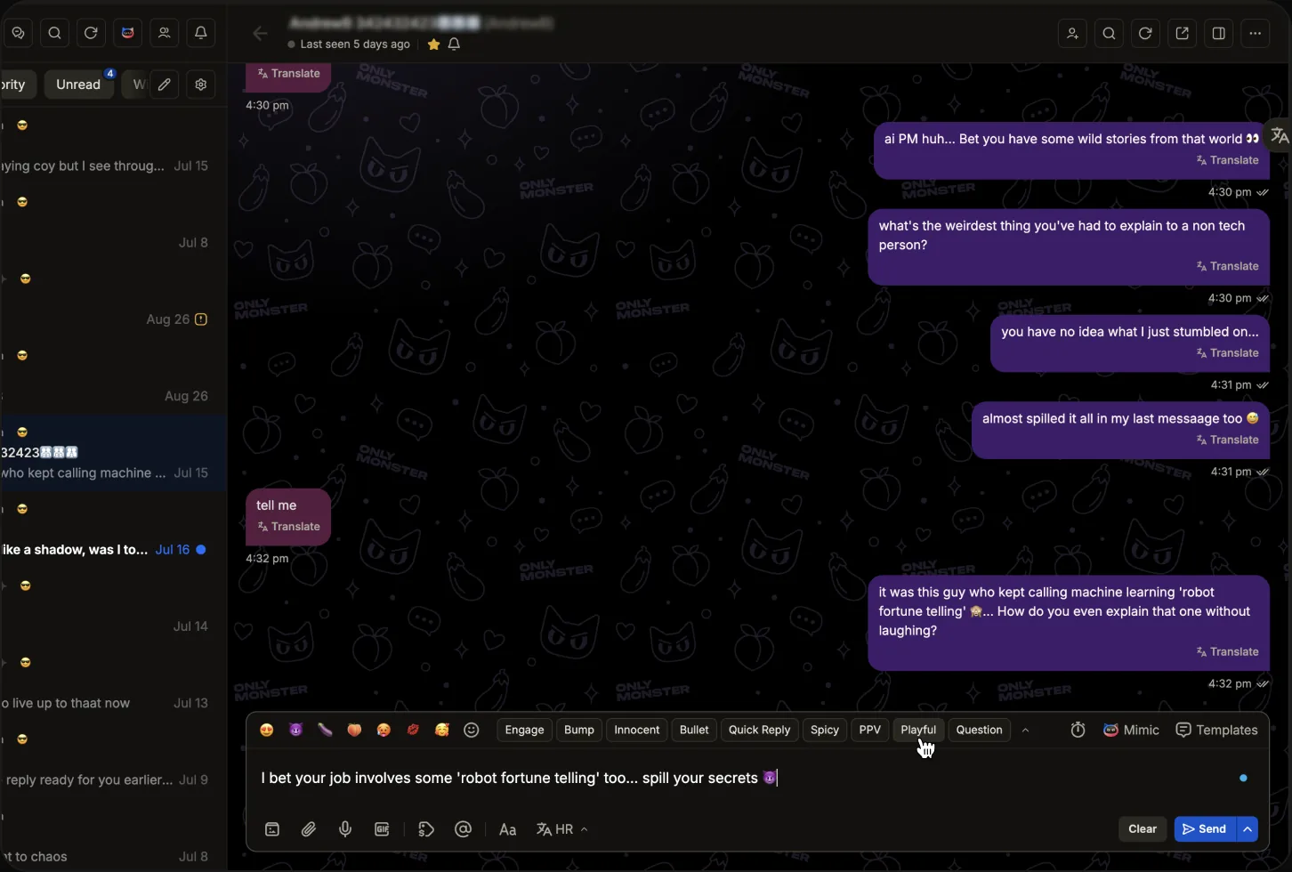 OnlyMonster chat with AI-suggested replies for the chatter to review