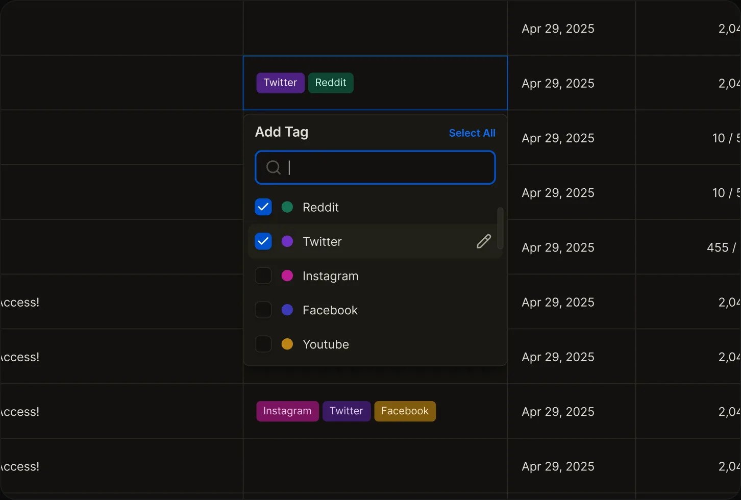 OnlyMonster Add Tag menu with colored tags on tracking links