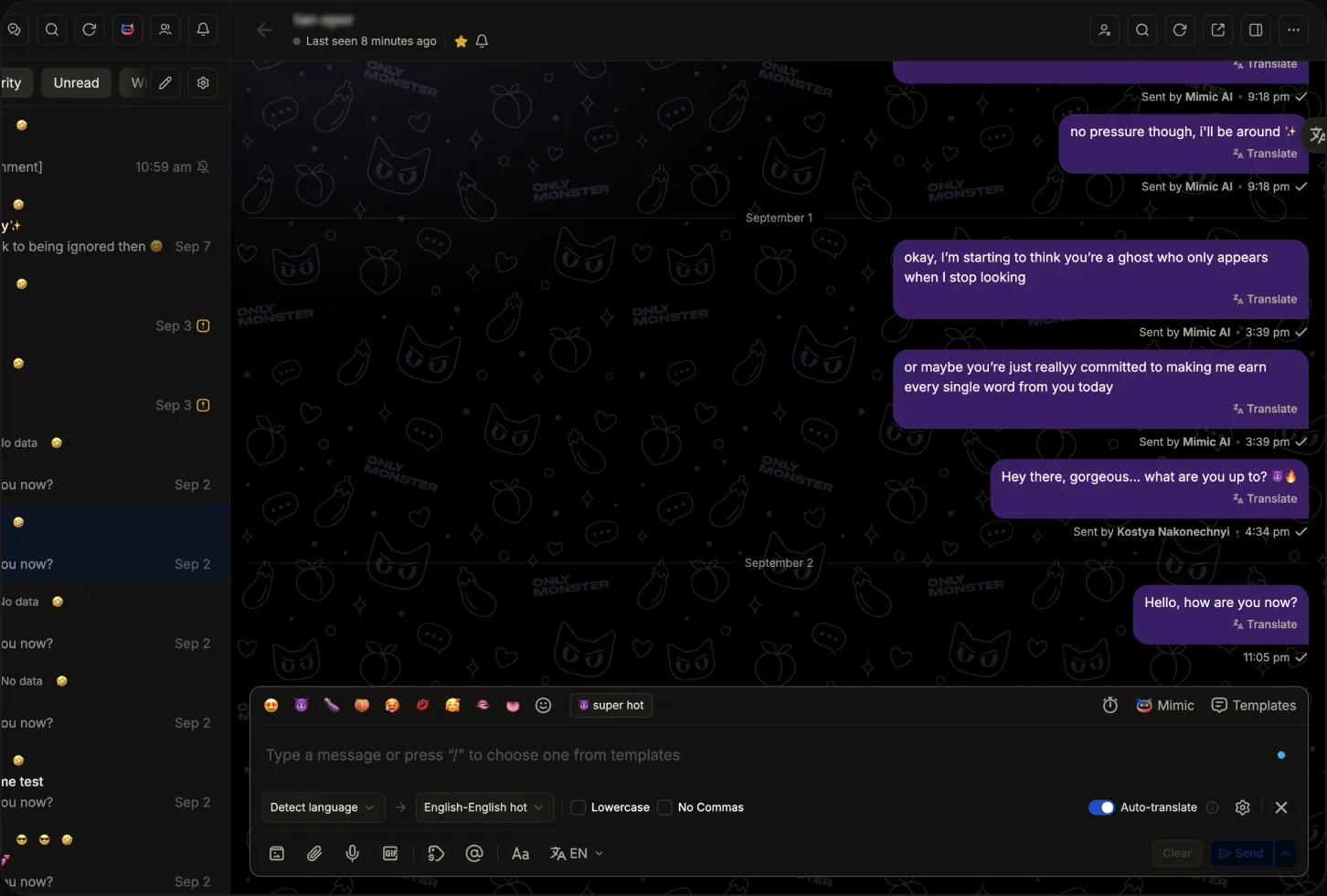OnlyMonster chat with messages translated by the AI translator
