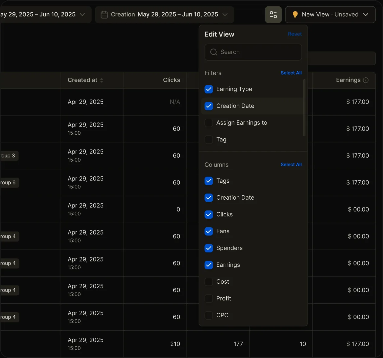 OnlyMonster traffic metrics table with the Edit View panel choosing filters and columns